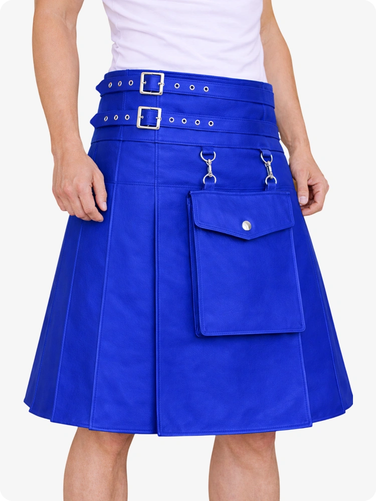 Royal Blue skirt with silver buckles and a pocket on a white background