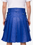 Royal Blue pleated Kilt worn by a person on a white background