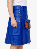 Royal Blue leather kilt with gold buttons and a brown pouch on a white background