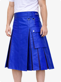 Royal Blue leather skirt worn by a person on a white background