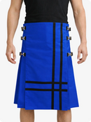 Royal Blue kilt with black accents worn by a person on a white background