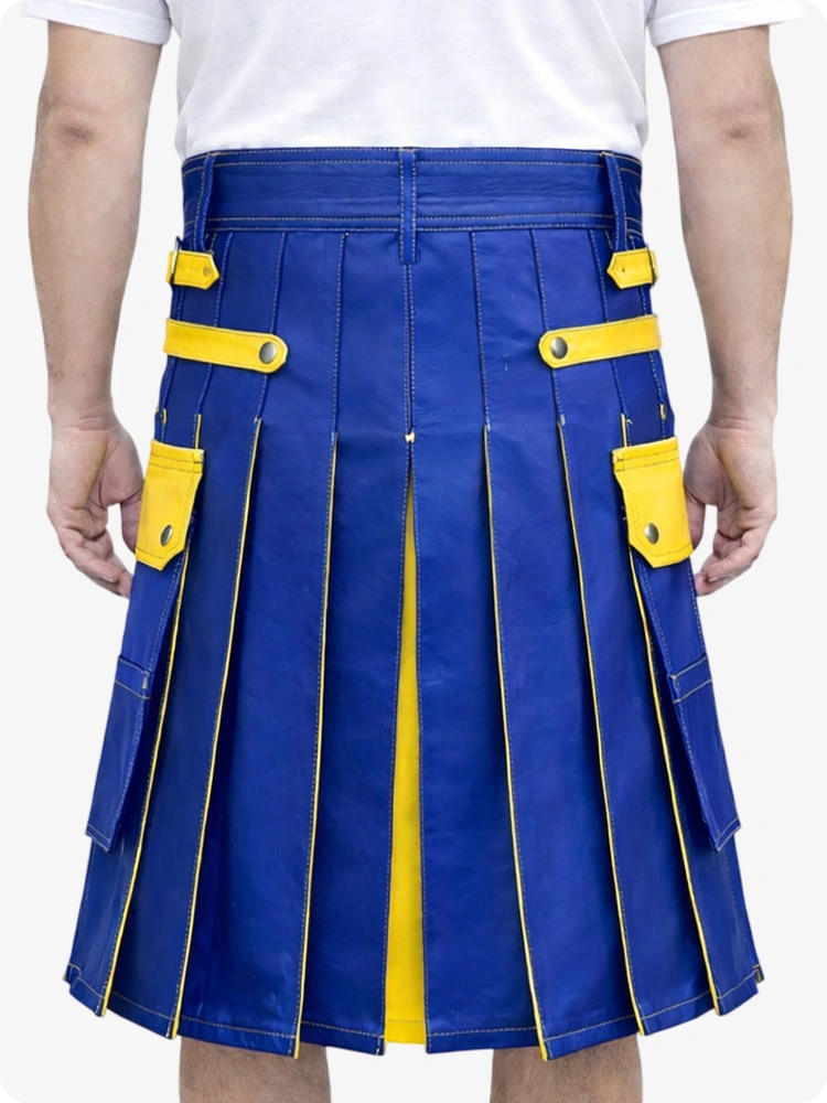 Royal Blue Leather Utility Kilt with Yellow Accents & Detachable Pockets