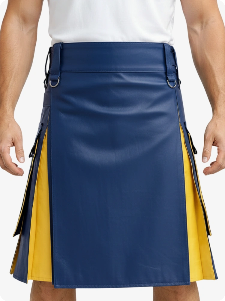 Kilt en cuir bleu royal et jaune avec poches cargo
