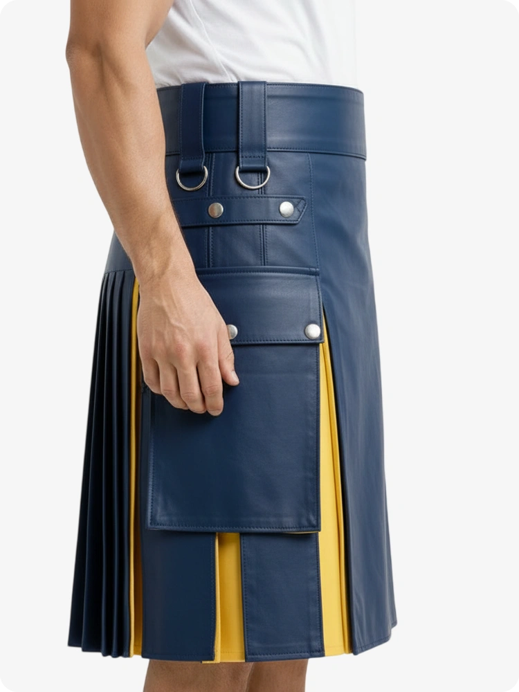 Kilt en cuir bleu royal et jaune avec poches cargo