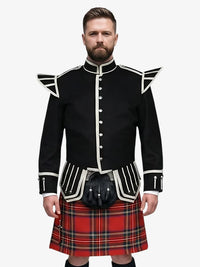 Man wearing a black doublet jacket with white trim and a royal stewart tartan kilt on a white background