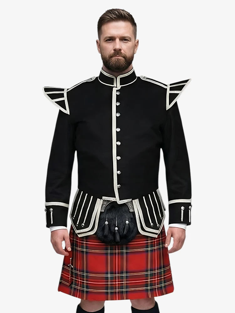 Man wearing a black doublet jacket with white trim and a royal stewart tartan kilt on a white background