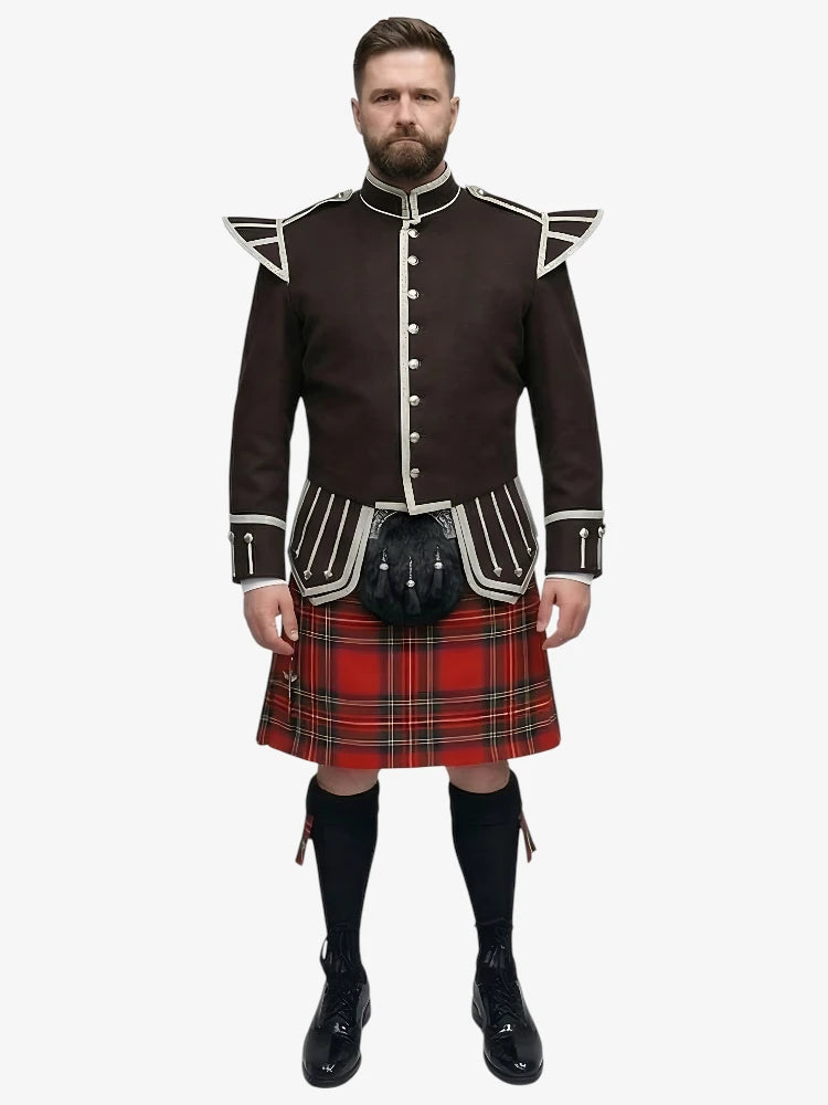 Tenue de Kilt Doublet Tartan Royal Stewart avec Veste Marron Foncé