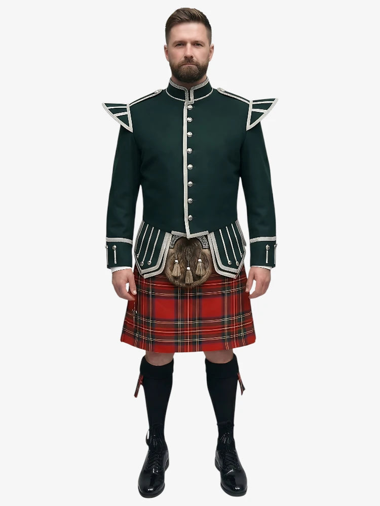 Ensemble Kilt Doublet Tartan Royal Stewart avec Veste Vert Foncé