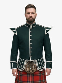 Man wearing a dark green jacket with white accents and a royal stewart tartan kilt on a white background
