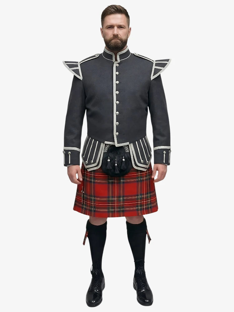 Tenue de Kilt Doublet en Tartan Royal Stewart avec Veste Gris Foncé