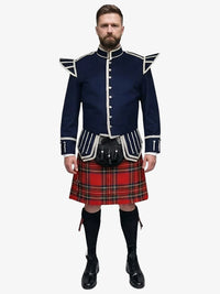 Man wearing a navy doublet jacket with white trim and a royal stewart tartan kilt on a white background