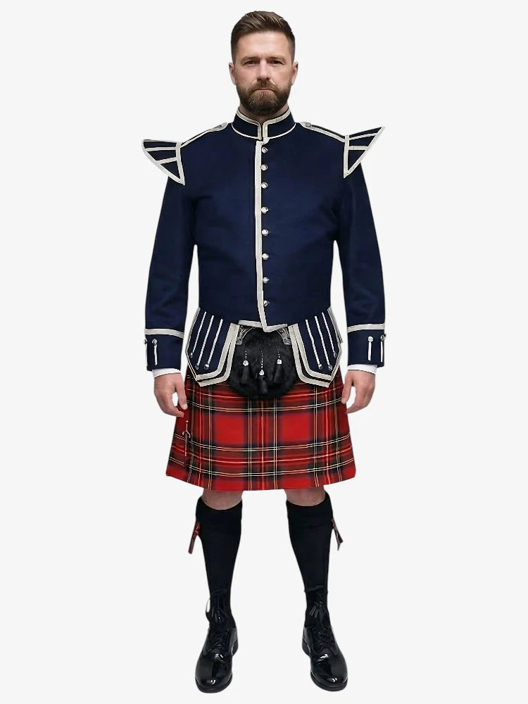 Tenue de Kilt Doublet en Tartan Royal Stewart avec Veste Bleu Marine