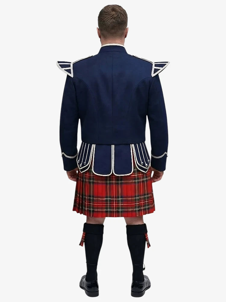 Tenue de Kilt Doublet en Tartan Royal Stewart avec Veste Bleu Marine