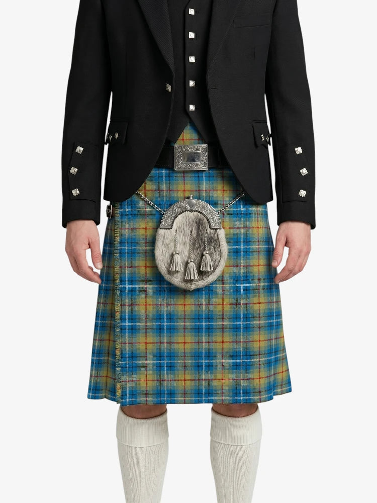 Person wearing a black jacket, blue plaid kilt, and white knee-high socks on a white background