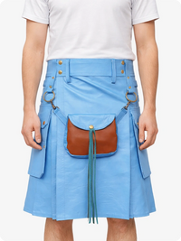 Person wearing a sky blue cyan kilt with a brown leather pouch