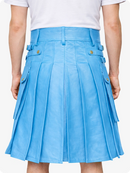 Sky blue cyan pleated skirt worn by a person on a white background