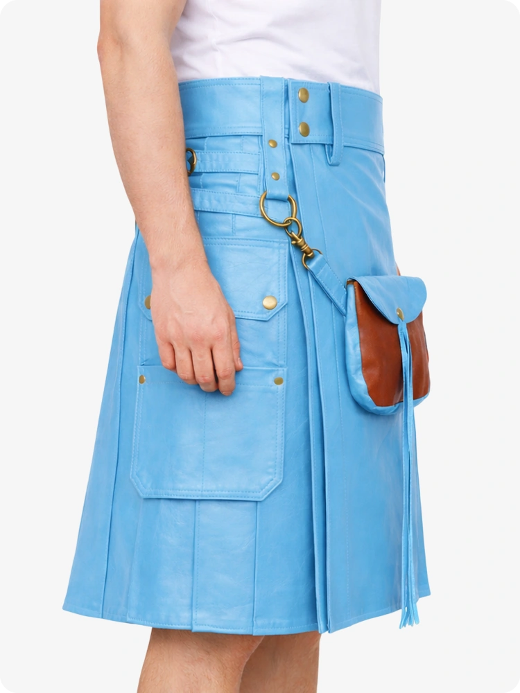 Kilt en cuir cyan bleu ciel avec sporran frontal