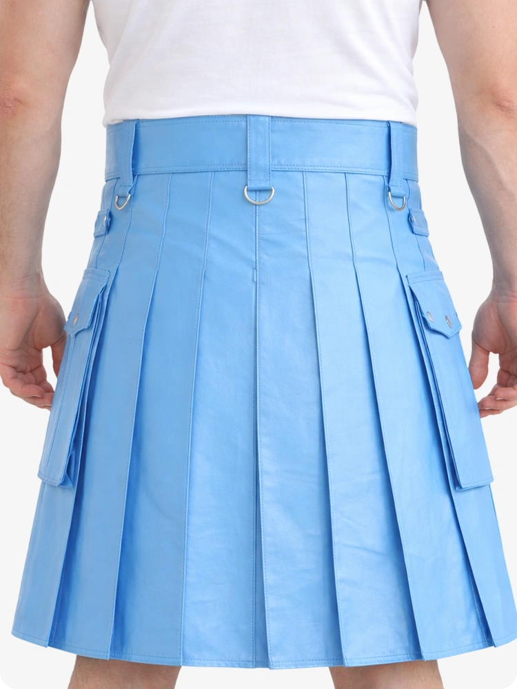 Sky Blue Genuine Leather Utility Kilt with Cargo Pockets & D-Rings