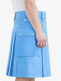 Sky Blue Genuine Leather Utility Kilt with Cargo Pockets & D-Rings