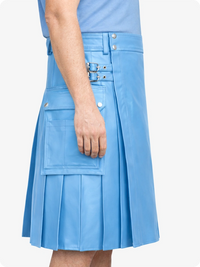 Sky Blue Genuine Leather Utility Kilt with Side Pockets