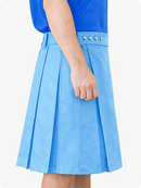 Sky blue pleated skirt with decorative buttons on a white background
