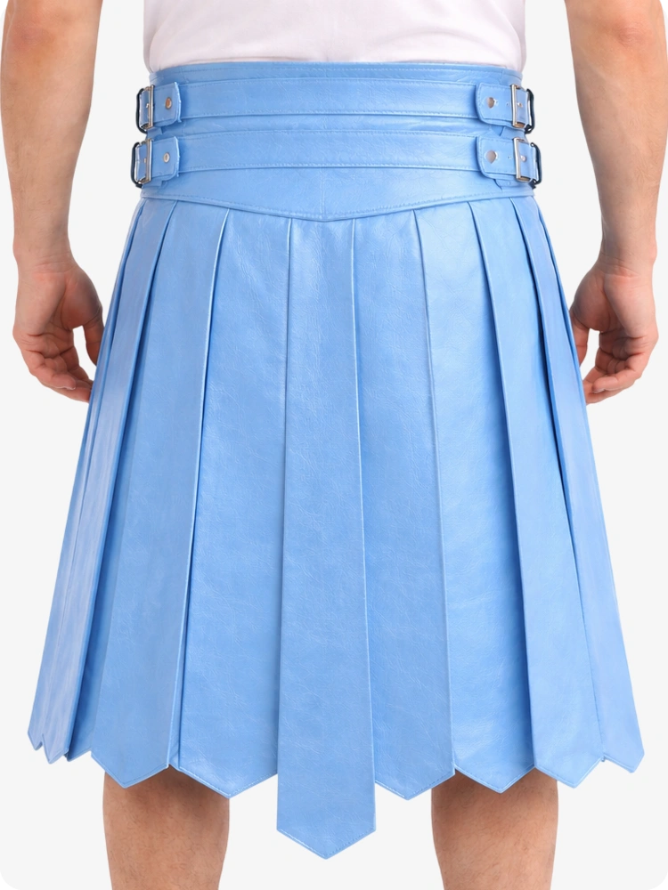 Sky blue pleated skirt with belt on a white background