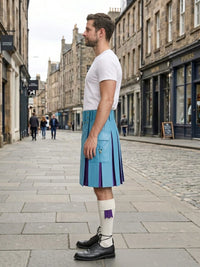 Sky Blue Leather Kilt With Purple Pleats Left Side