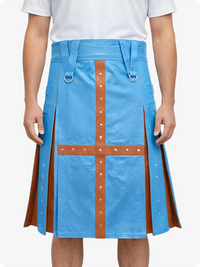 Sky Blue kilt with brown straps and decorative elements on a white background