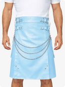 Sky Blue Leather Utility Kilt with Chain Detailing & Adjustable Straps