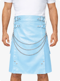 Sky Blue Leather Utility Kilt with Chain Detailing & Adjustable Straps