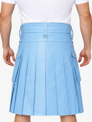 Sky blue pleated skirt worn by a person on a plain background