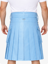 Sky blue pleated skirt worn by a person on a plain background