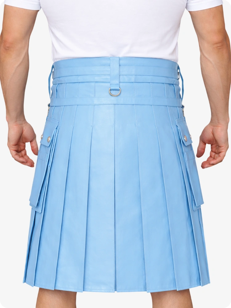 Sky blue pleated skirt worn by a person on a plain background