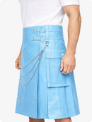 Sky Blue Leather Utility Kilt with Chain Detailing & Adjustable Straps