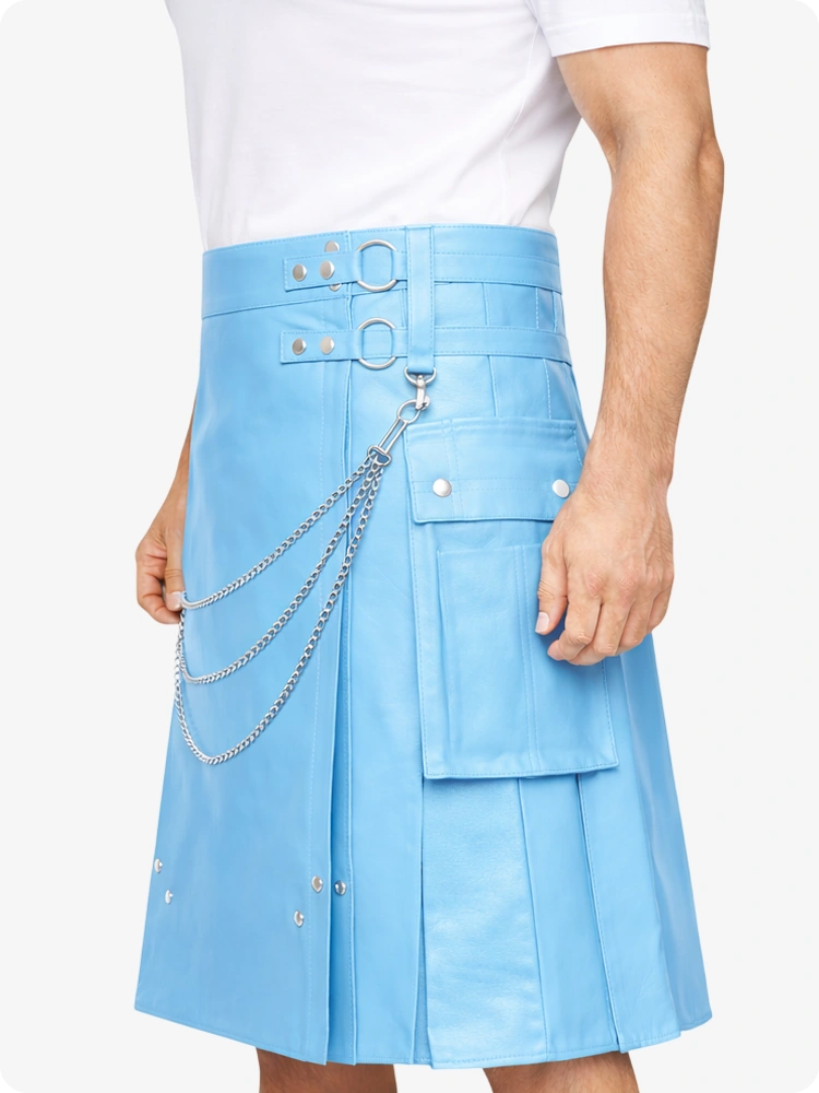 Sky Blue Leather Utility Kilt with Chain Detailing & Adjustable Straps