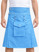 Person wearing a Sky blue kilt with gold accents on a white background