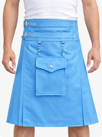 Person wearing a Sky blue kilt with gold accents on a white background