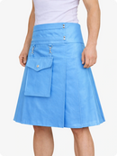 Sky Blue skirt with pockets worn by a person on a white background