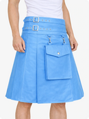 Sky Blue skirt with silver buckles and a pocket on a white background