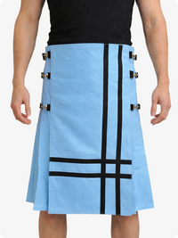 Sky blue skirt with black stripes and gold buttons worn by a person on a white background