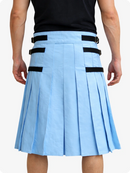 Person wearing a Sky blue pleated skirt with black straps on a white background