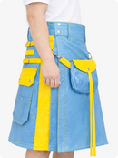 Sky Blue Leather Utility Kilt with Yellow Accents & Detachable Pockets