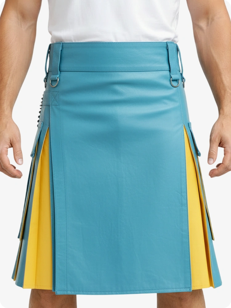 Kilt en cuir bleu ciel et jaune avec poches cargo