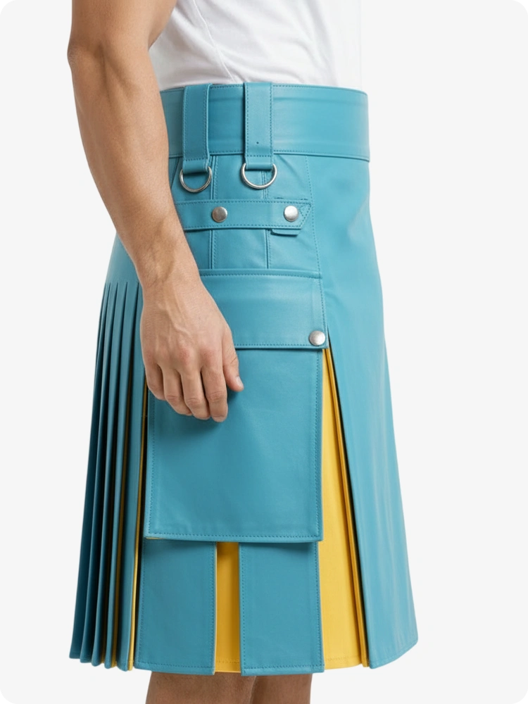 Kilt en cuir bleu ciel et jaune avec poches cargo