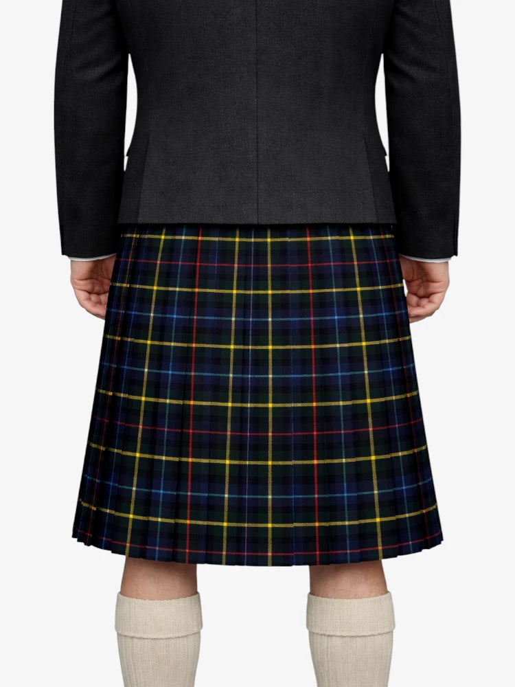 Person wearing a dark gray jacket and a blue plaid kilt on a white background