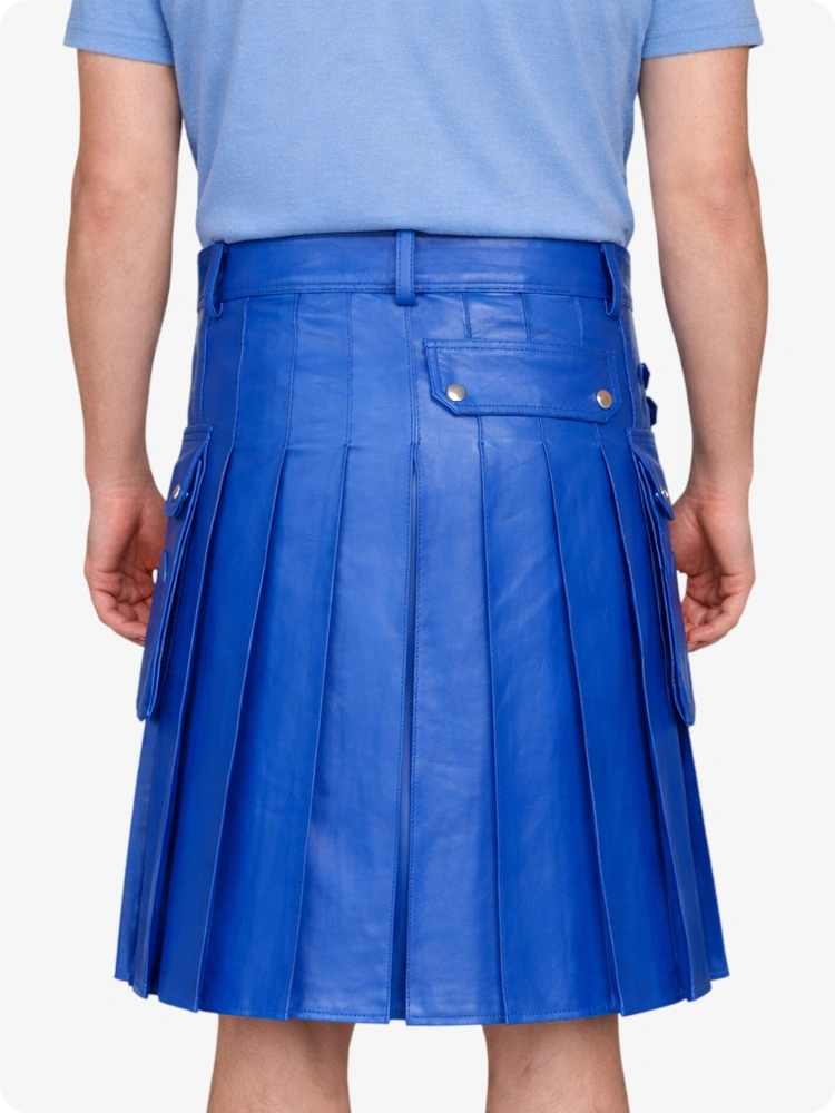 Kilt utilitaire en cuir véritable bleu standard avec poches latérales