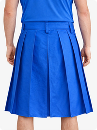 Blue pleated skirt worn by a person on a white background