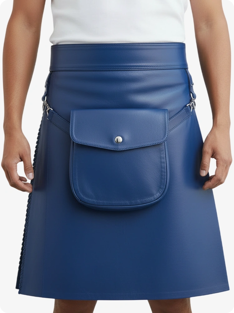 Kilt en cuir plissé bleu standard avec passants de ceinture et sangles latérales