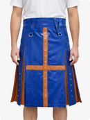 Standard Blue kilt with brown accents worn by a person on a white background