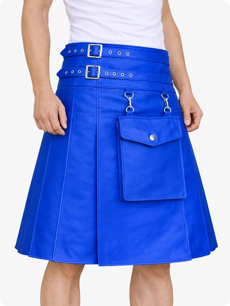 Standard Blue Leather Utility Kilt with Front Pocket & Adjustable Buckle Straps